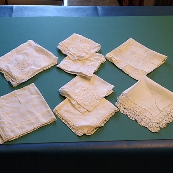 Vintage Handkerchief Eight White Linen Lacey Cut Out Fancy Embroidered - Picture 1 of 15